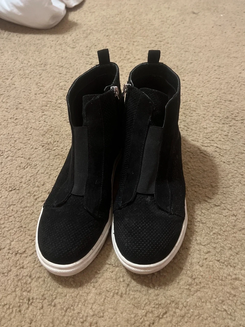 Black Suede High-Top Slip-On Sneakers with White Sole